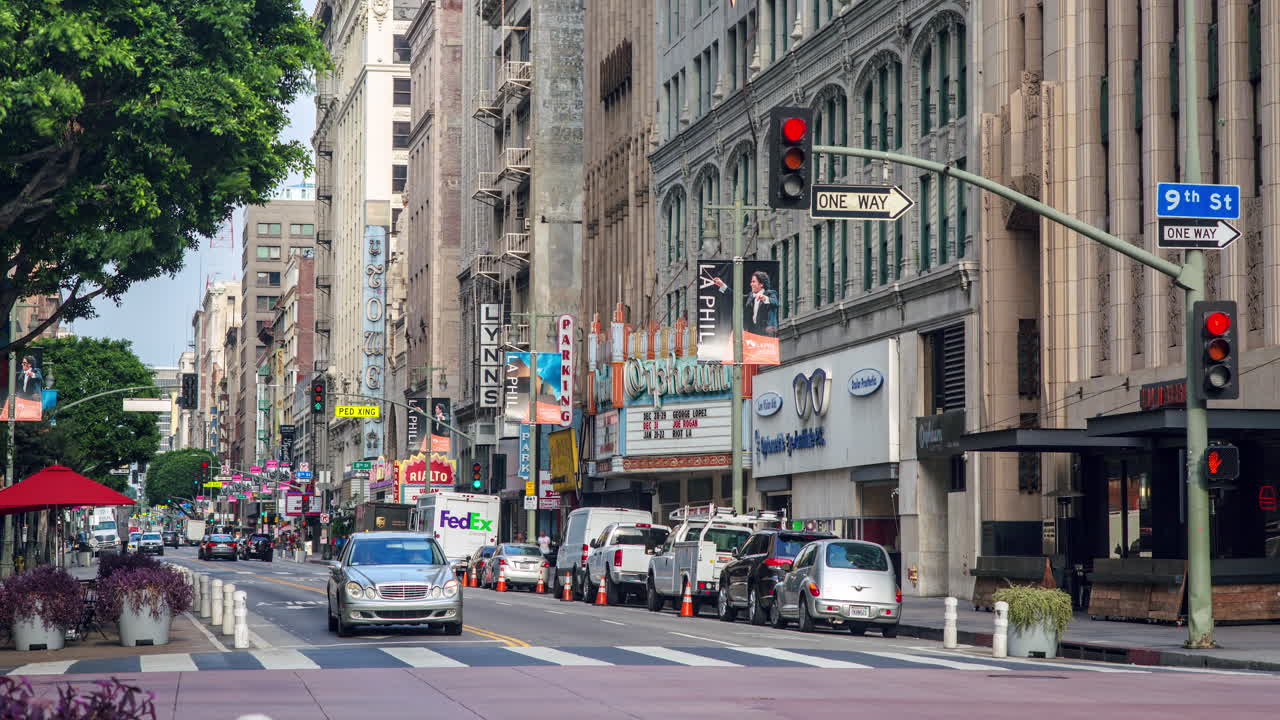 Downtown Los Angeles street scene with traffic and buildings
