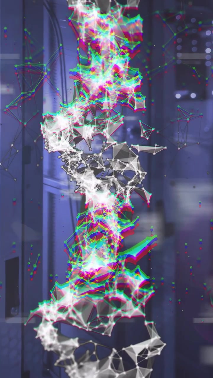 Generative AI driving luminous mesh before glass door, pulsing, emitting RGB dots for tech demo