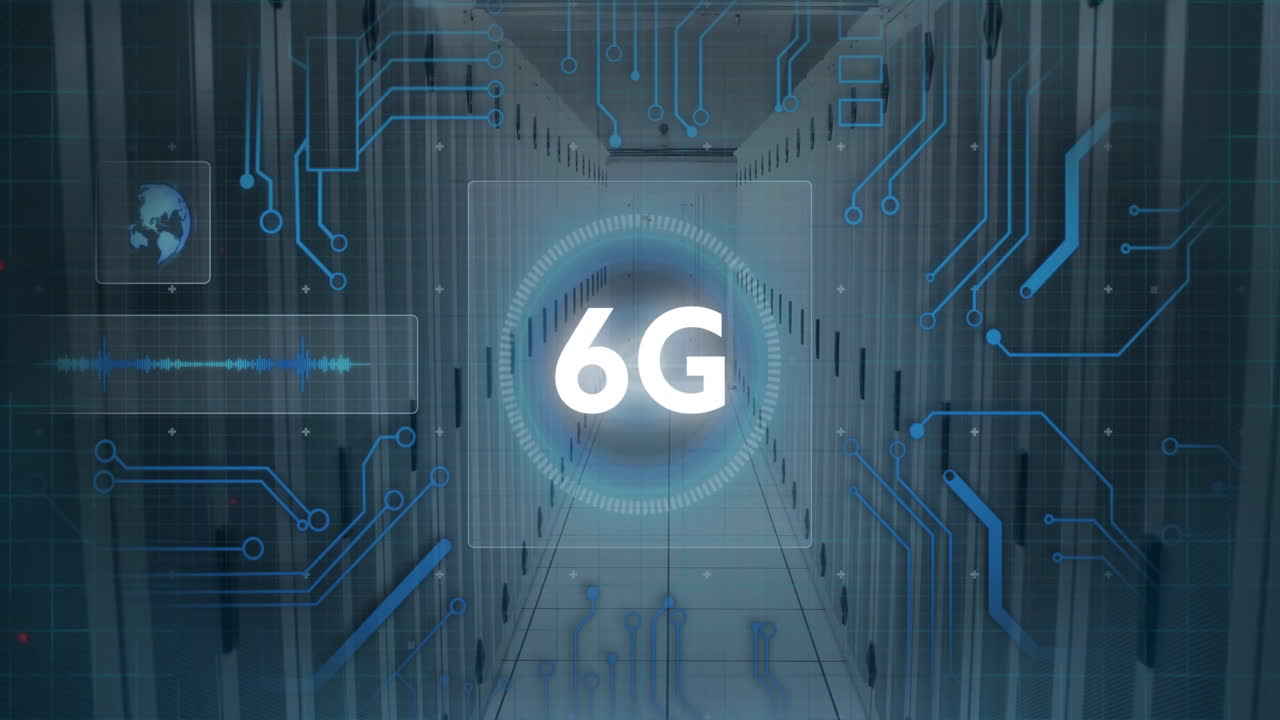 animazione di testo 6g, elaborazione di dati digitali su server computerizzati
