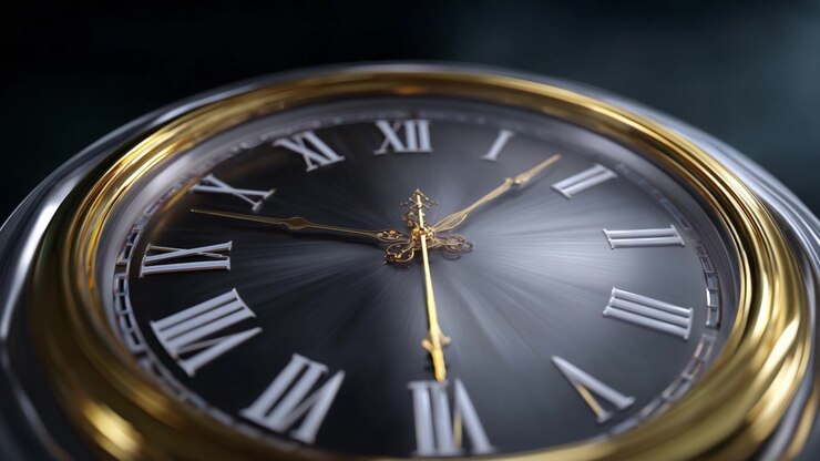 Captivating Close-Up of a Luxurious Clock with Intricate Roman Numerals and Glossy Finish, Highlighting the Elegance and Precision of Timekeeping Technology