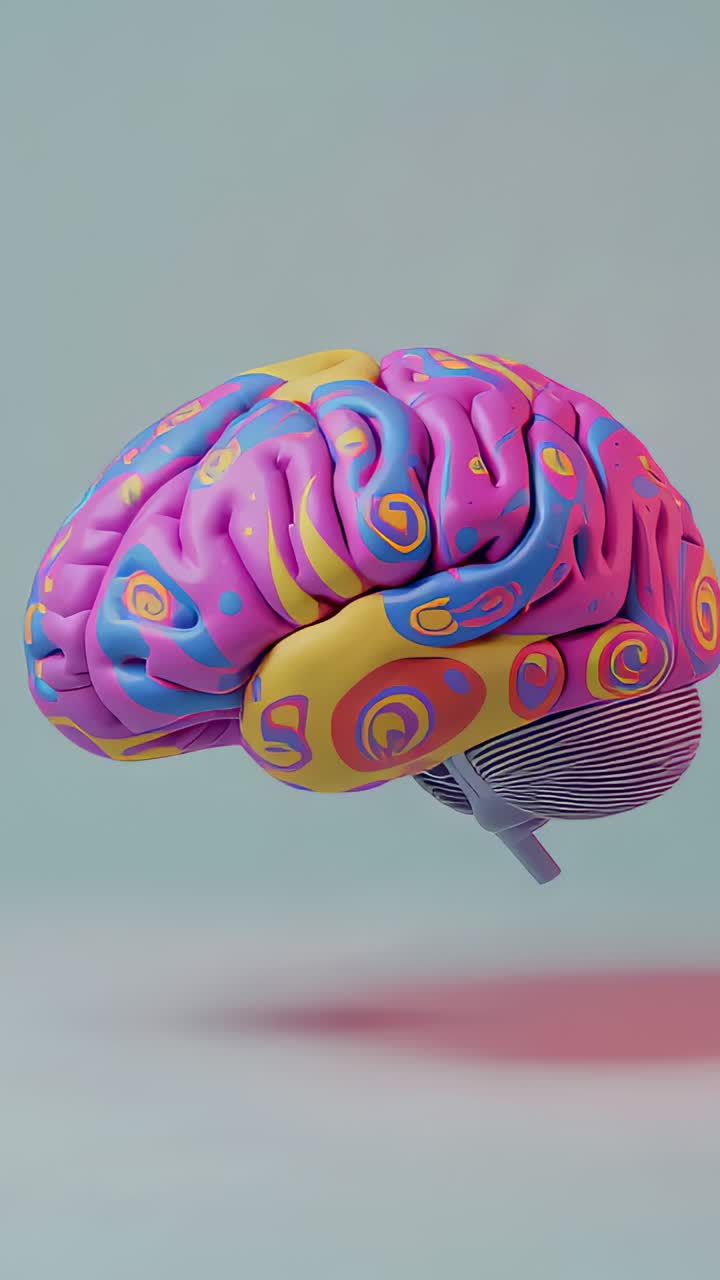 Vertical video: Rotating brain model exposing cerebellum and swirls with shadow on teal backdrop
