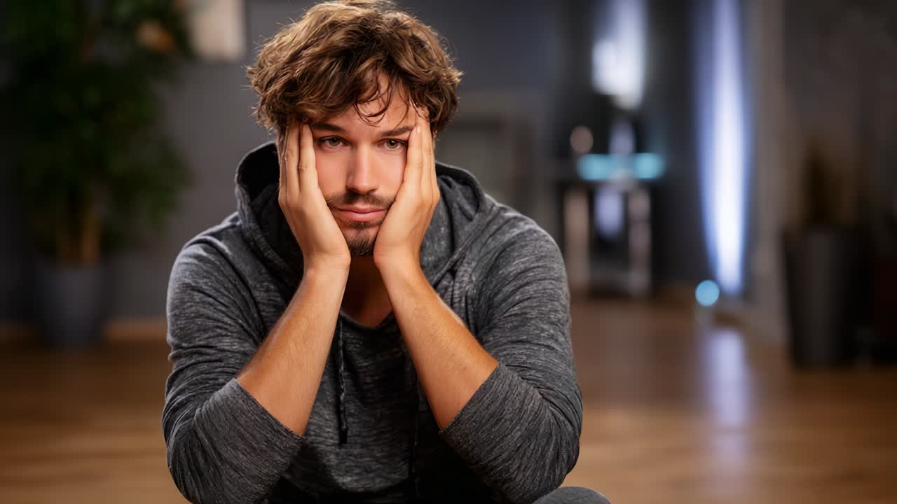 A pensive young man in a casual hoodie reveals deep introspection and vulnerability as he sits on the floor, embodying a moment of emotional uncertainty and contemplation, beautifully captured in contrasting light