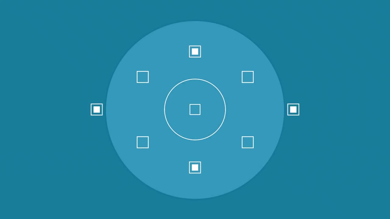 animación de formas abstractas sobre un estandarte circular contra un fondo azul.