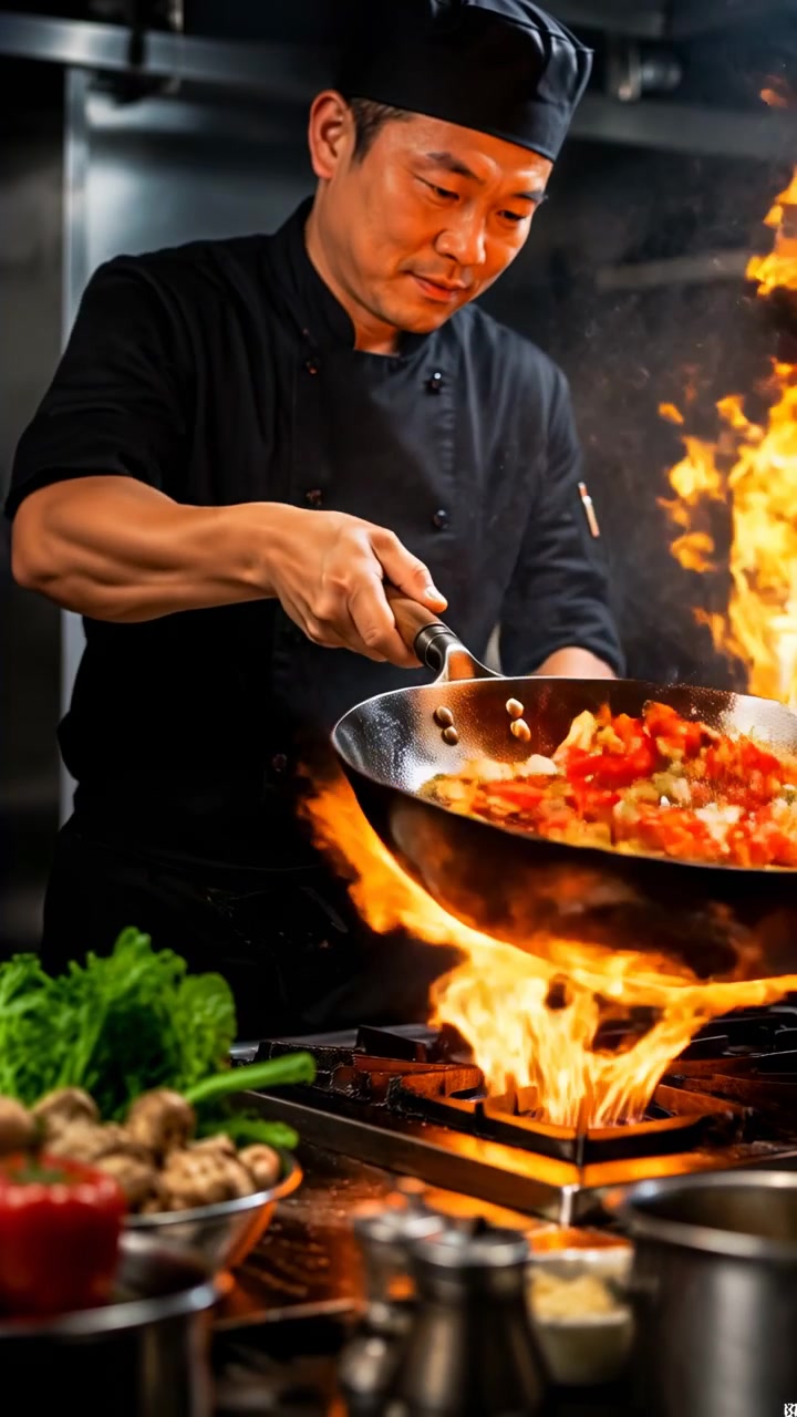 Uno chef concentrato in uniforme e cappello neri salta verdure e frutti di mare in un wok caldo all'interno di una cucina professionale poco illuminata, con fiamme e vapore che si alzano intorno a lui