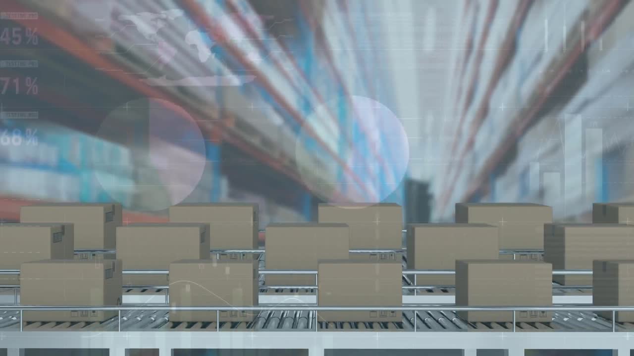 컨베이어 벨트에 있는 카드보드 상자 위에서 통계 처리의 애니메이션