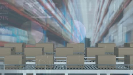 animación del procesamiento de estadísticas sobre cajas de cartón en cintas transportadoras