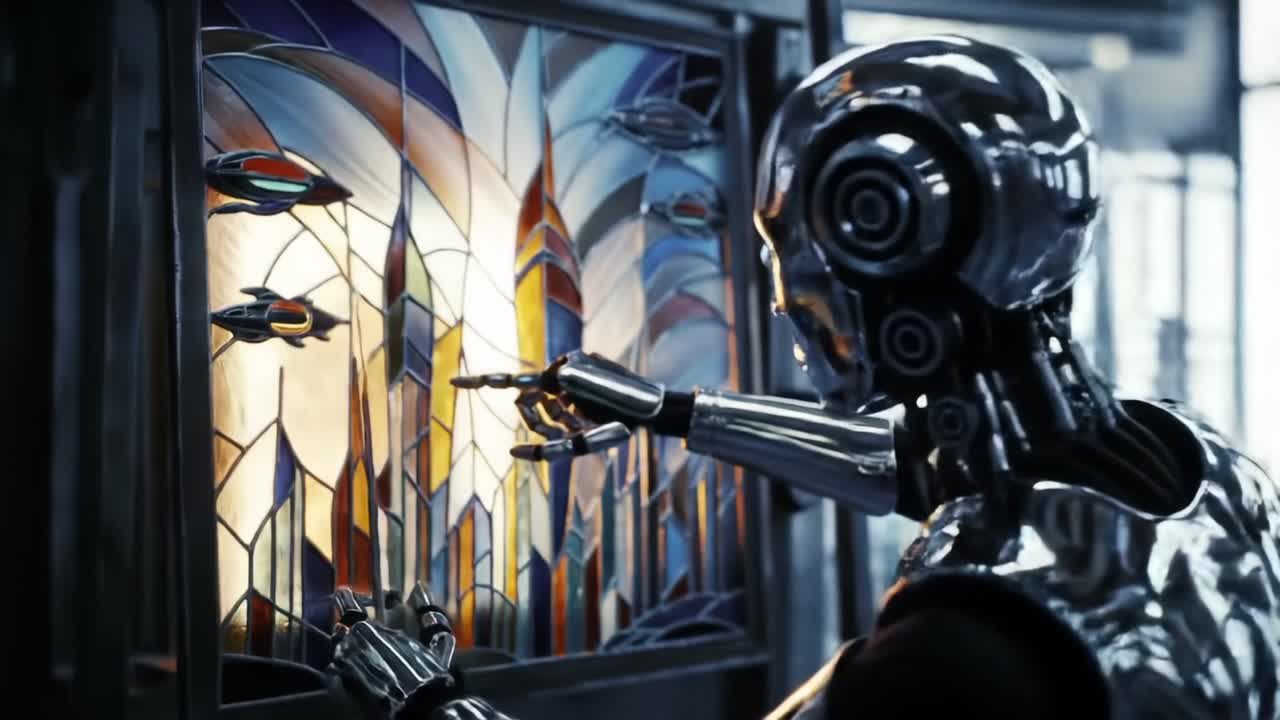 A futuristic robot examines a vibrant stained glass art piece, depicting abstract cityscapes and flying vehicles, showcasing a blend of technology and artistry