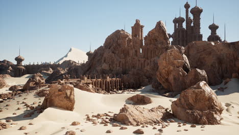 un paisaje desértico con rocas y una montaña en el fondo