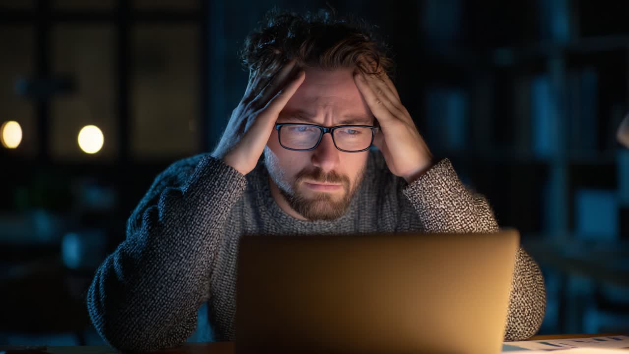 A man experiences frustration and stress while working late at night on a laptop, overwhelmed by complex tasks and challenges in an illuminated room
