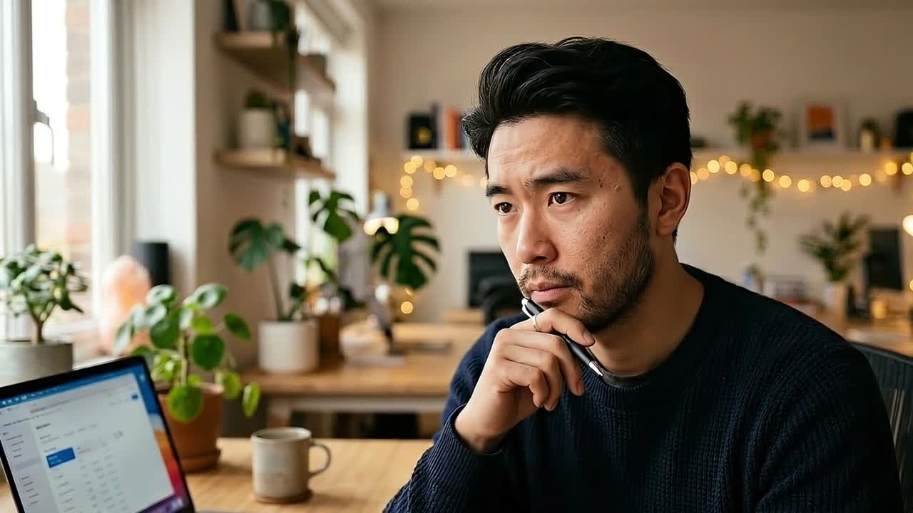 Asian man thinking deeply with pen in hand while sitting at desk with laptop in home office
