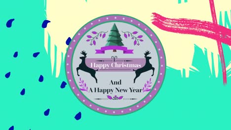 Animation-of-christmas-greetings-on-tag-over-colorful-animated-background