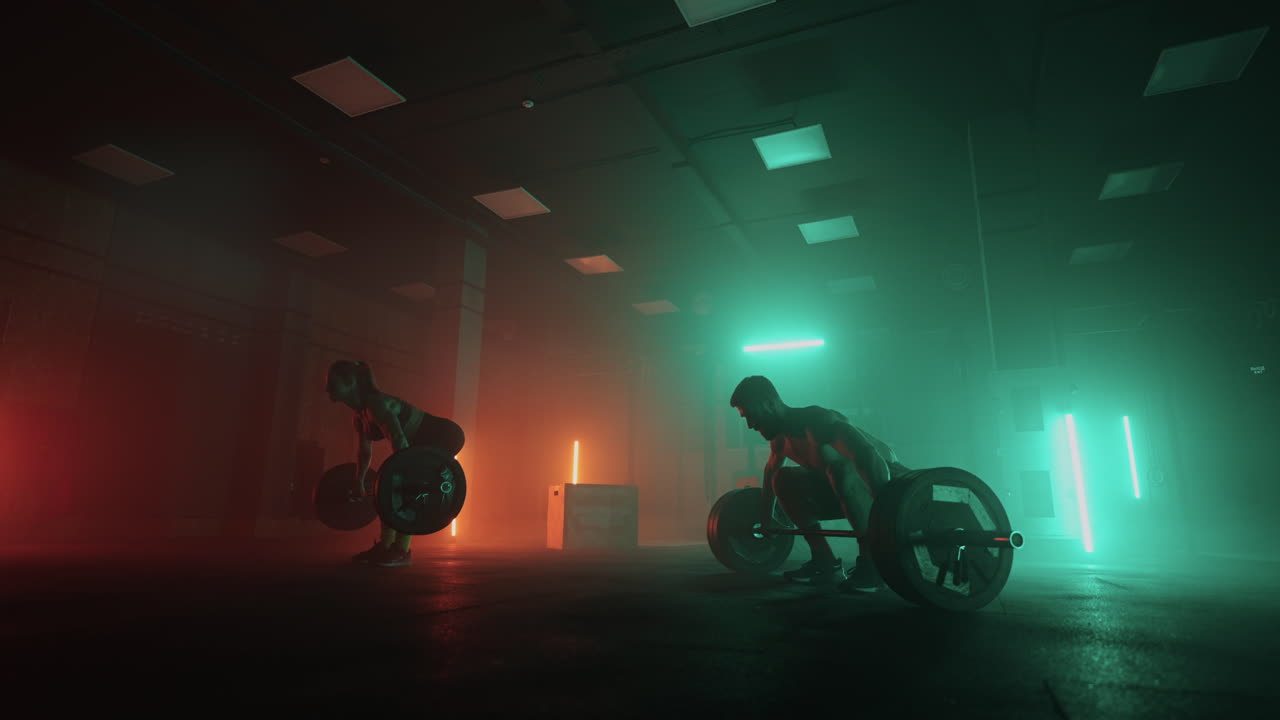 un hombre y una mujer en una luz de neón de colores rojo y azul en cámara lenta levantan pesadas barras sobre sus cabezas. entrenamiento de fuerza y potencia con pesas pesadas. el concepto de parejas atléticas y fuertes