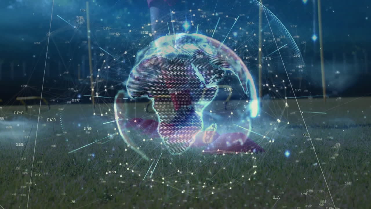 Animation of glowing digital globe with network connections over grassy field at night