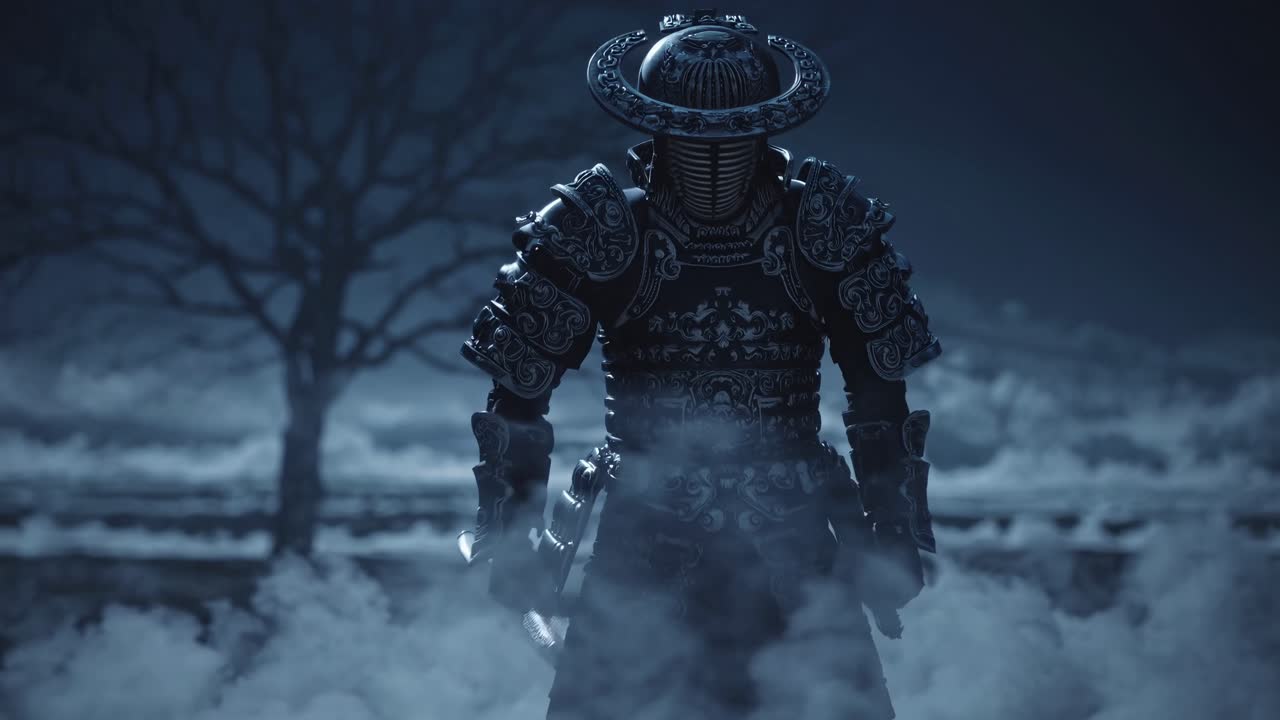 A samurai in ornate armor stands in misty terrain, captured from a low angle