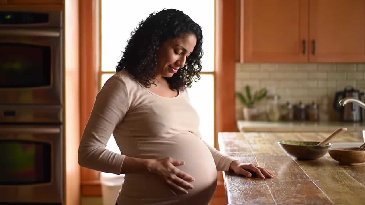A pregnant woman gently touches her baby bump while standing in a cozy kitchen. Natural light fills the space, creating a warm and intimate atmosphere as she enjoys this special time.