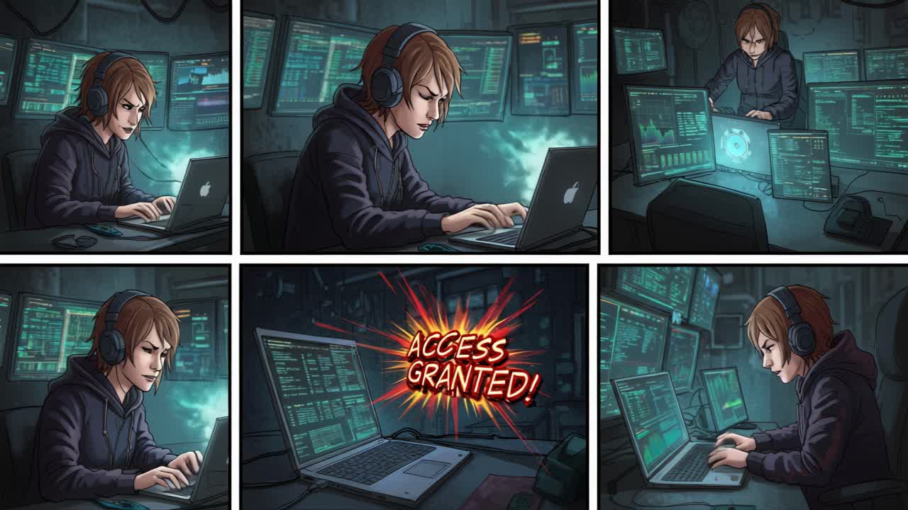 A highly skilled hacker successfully infiltrates a secure server using advanced techniques while operating in a dimly lit cyber command center
