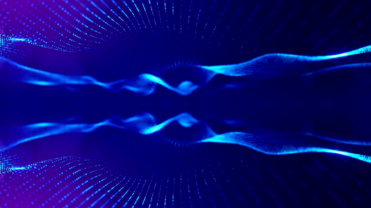 animación de bucle 3d como fondo de ciencia ficción de partículas brillantes con profundidad de campo y bokeh para bucle vj. las partículas forman línea y cuadrícula de superficie. v13 azul