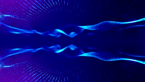 animación de bucle 3d como fondo de ciencia ficción de partículas brillantes con profundidad de campo y bokeh para bucle vj. las partículas forman línea y cuadrícula de superficie. v13 azul