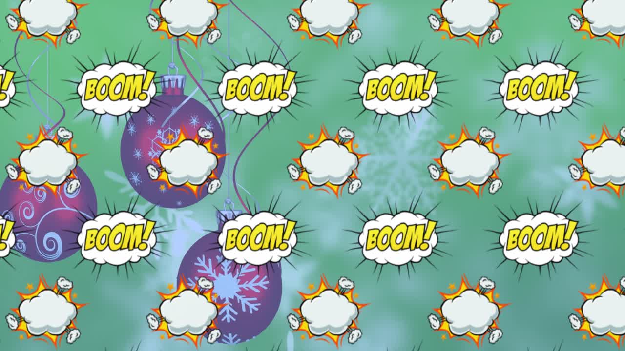 Animation af 'boom'-tekstbannere i et sømløst mønster mod hængende julekugler og snefnug.