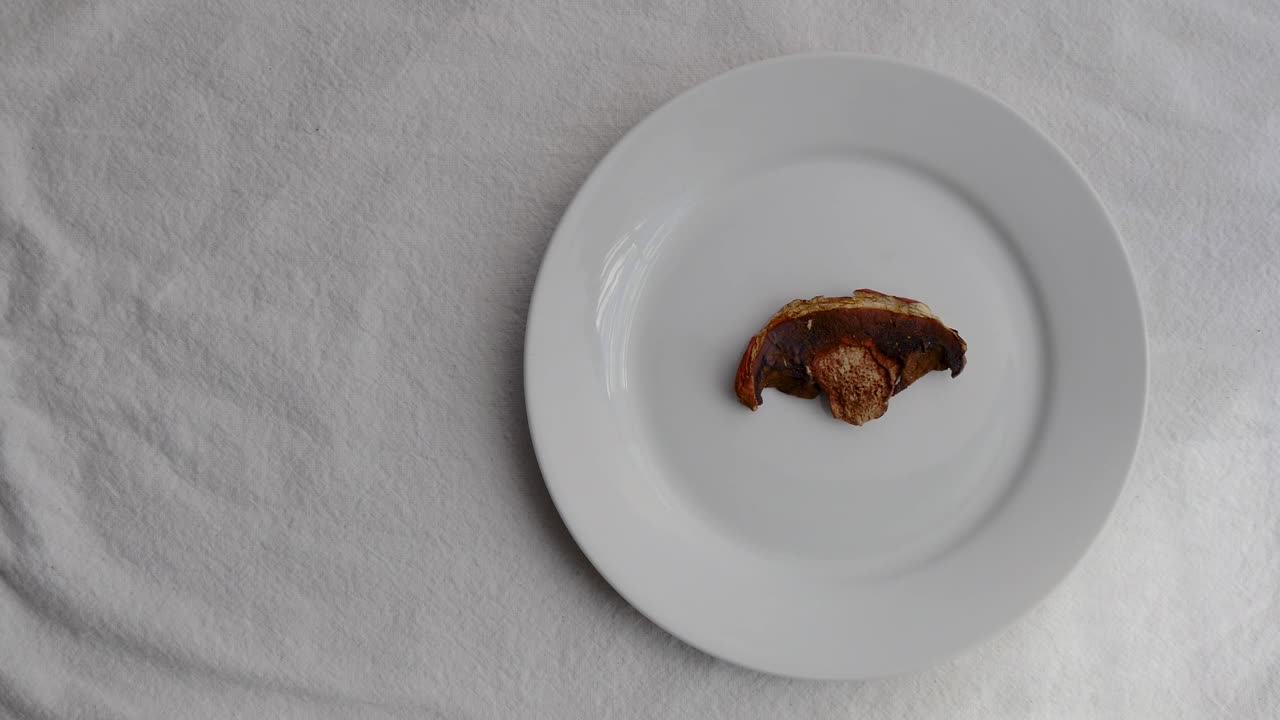 Hongo Porcini seco en vajilla de cerámica blanca sobre mantel individual blanco
