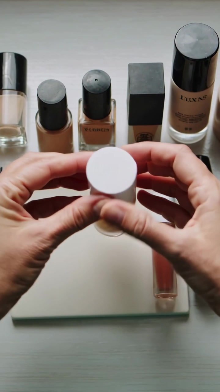 Vertical video: Hand reaching on counter, picking foundation white cap on tray checking shade