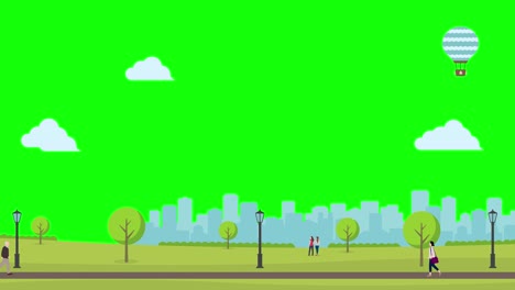 animation of people walking in the green park. 4k video. green background for background transparent use.