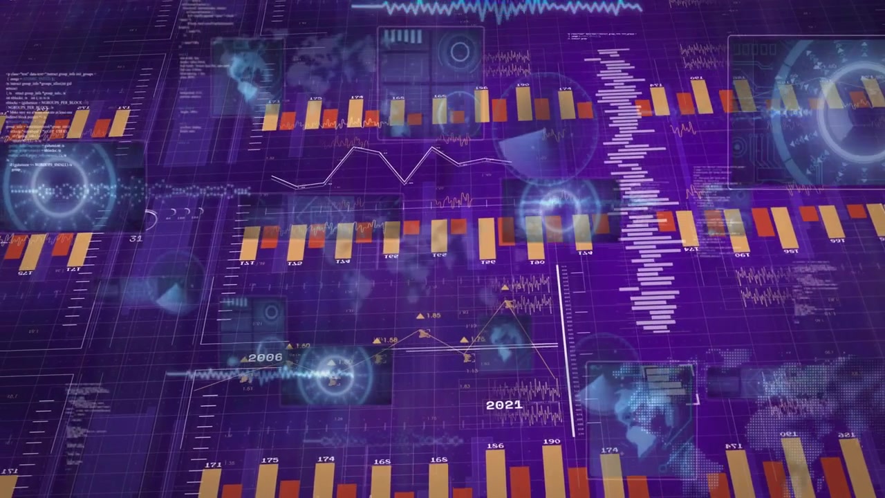 3D data dashboard expanding, tiling across purple grid after left bars growing, showing data trends