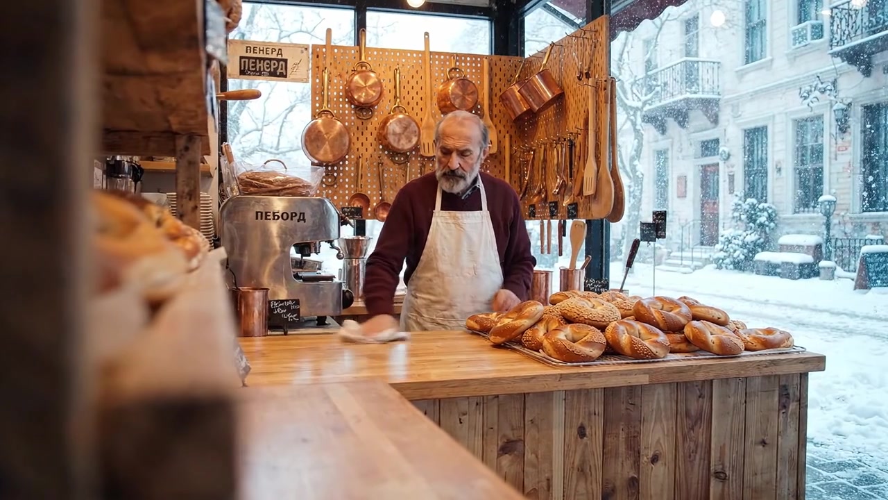Panetteria artigianale che espone pani e pasticcini appena sfornati, con un panettiere esperto che prepara le offerte in un incantevole scenario innevato, irradiando calore e comfort.