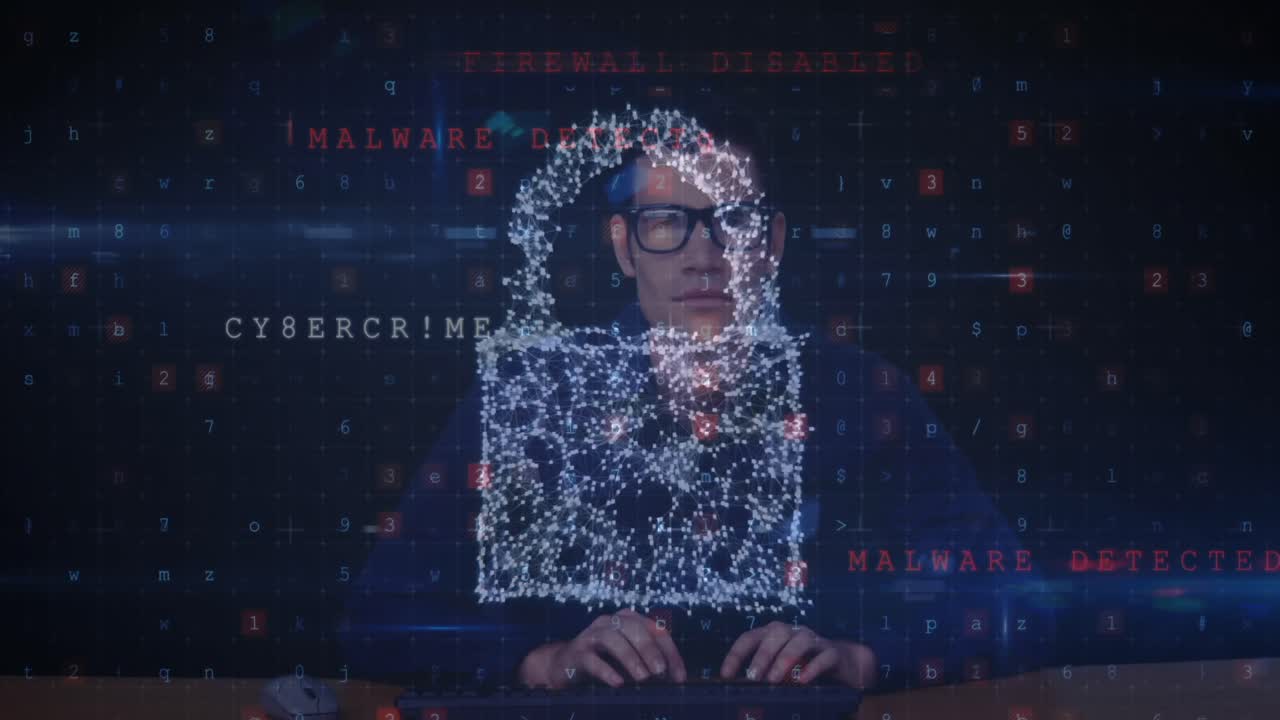 animación de la nube cibernética y el candado de seguridad en línea sobre el hombre usando computadora