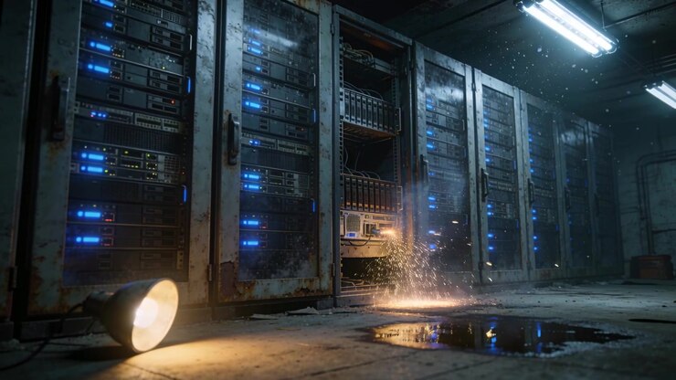 Arcing exposed bay sparking rack servers in neglected data room, flashing when sparks hit puddle