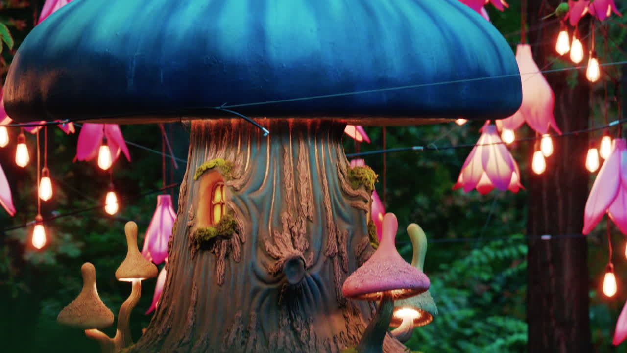 Colorful fantasy style mushroom installation with glowing lights and decorative flower lamps in a forest setting