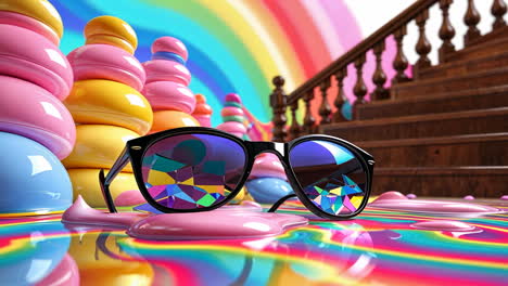 surreal rainbow scene with reflecting sunglasses and melting candy
