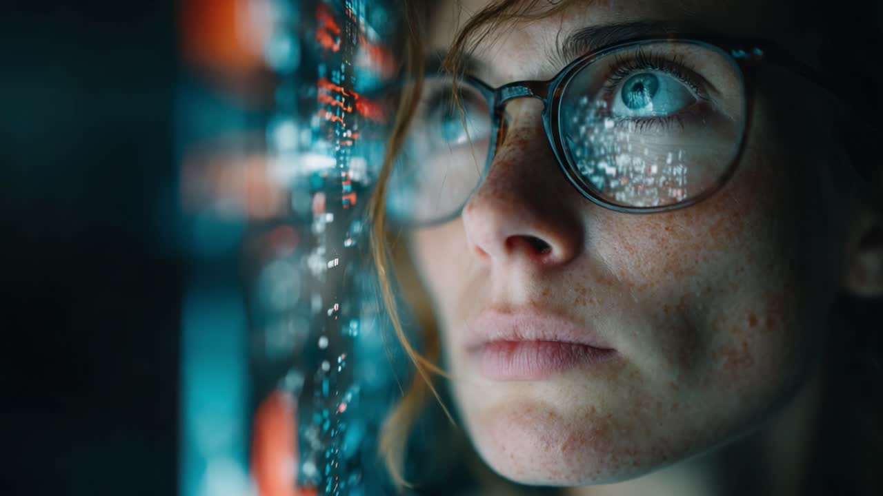 A Thoughtful Individual Engaged with Digital Data, Exhibiting Deep Reflection Amidst a Colorful Background of Technology and Information