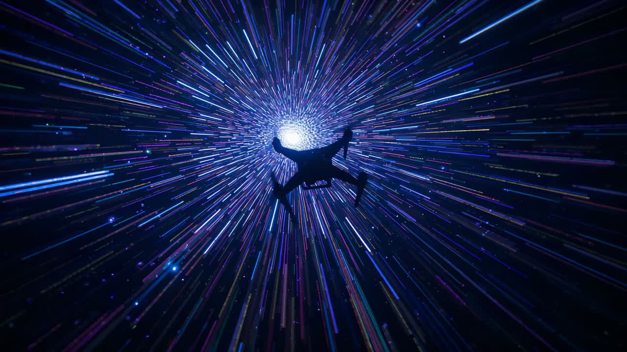 Reacting to core intensifying, silhouette in jumpsuit drifting in light tunnel toward vortex