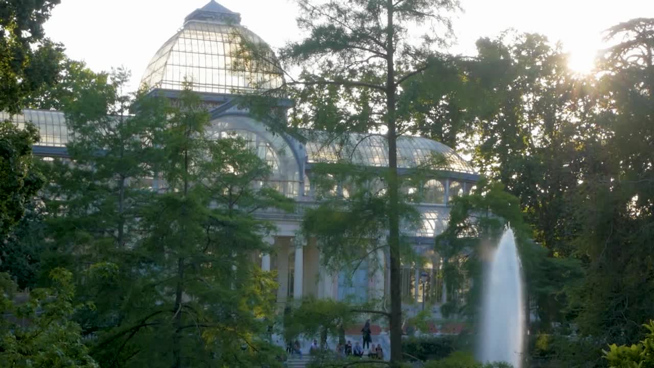 The Glass Palace, Palacio de Cristal in Madrid Retiro Park, with birds leaving a tall tree. Scenic garden scene with nature and wildlife.