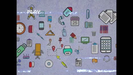 Animation-of-school-items-icons-with-glitch-on-purple-background