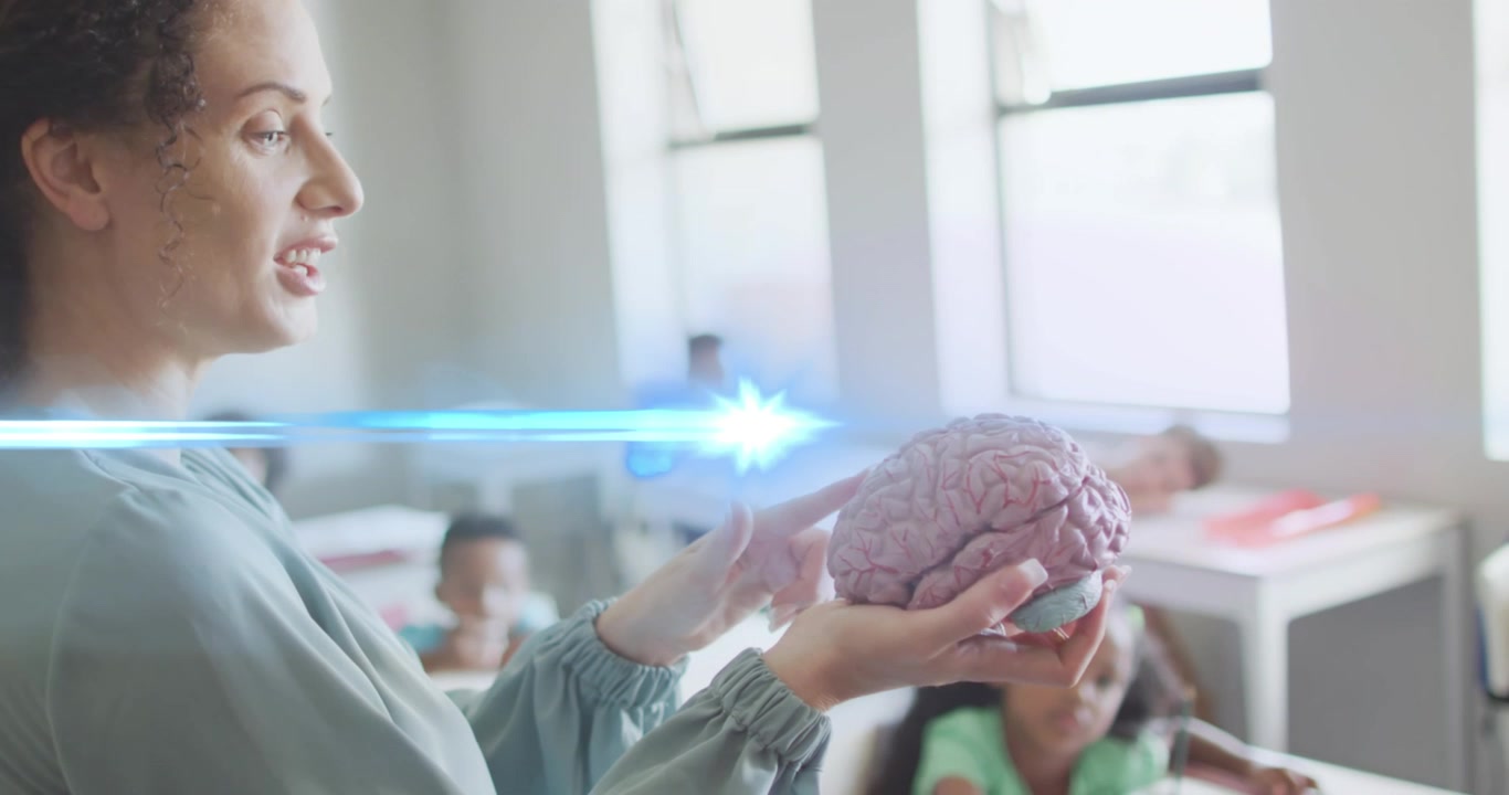 Animation of light trails over diverse schoolchildren and teacher
