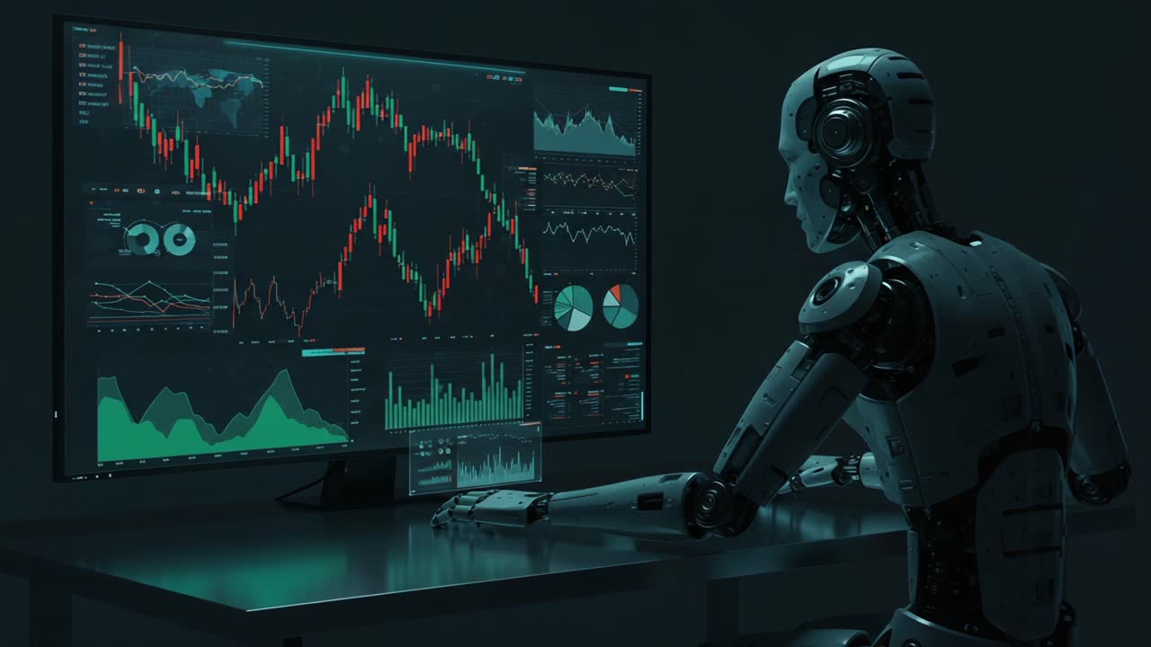 A humanoid robot analyzes complex data trends and financial graphs on a futuristic digital display, showcasing advanced technology in artificial intelligence and data visualization