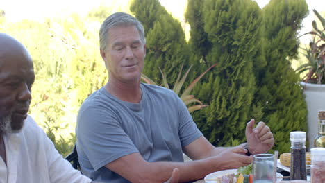 diverse seniors enjoying in garden lunch, sharing stories and laughter in garden setting