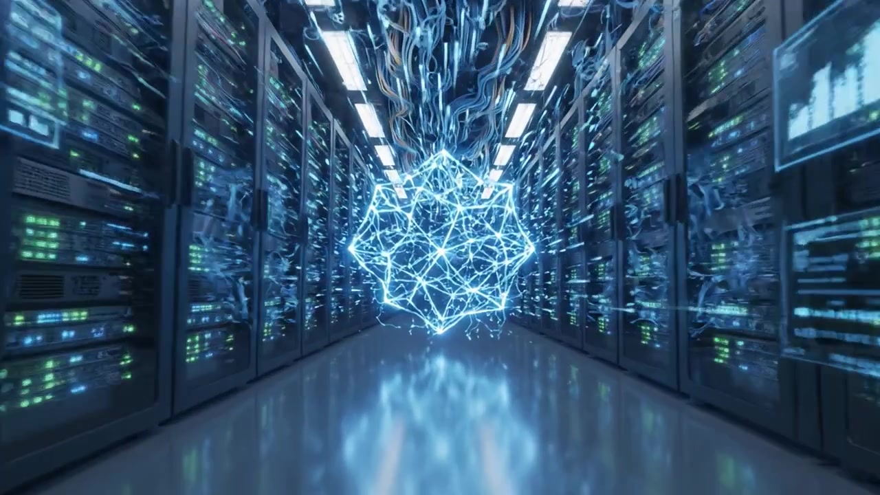 A Dynamic Visualization of Data Flow in a Modern Server Room Highlighting the Transition from Traditional Connectivity to Futuristic Network Designs