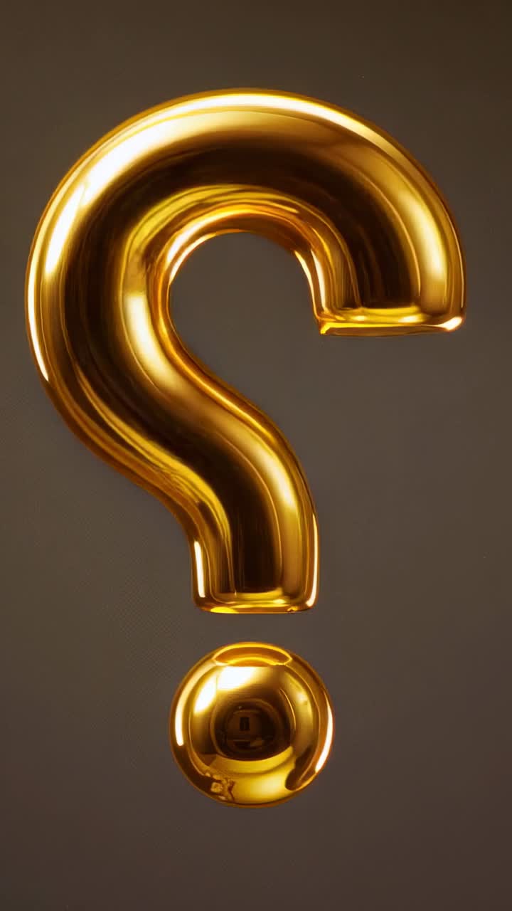 Vertical video: Rotating gold question mark tilting in studio, showing glints with gold dot