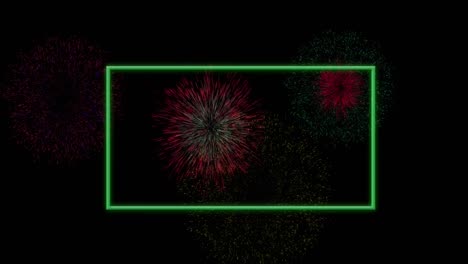 animation of green rectangle frame over colourful christmas and new year fireworks in night sky