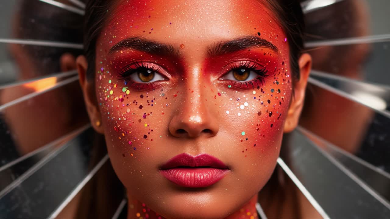 Stunning Portrait of a Model with Fiery Makeup and Glittery Accents Against a Reflective Background, Capturing the Essence of Bold Beauty and Artistic Expression