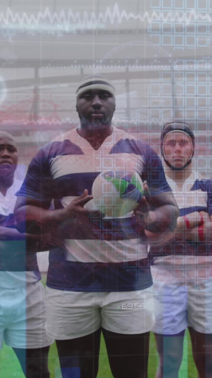 Animação de processamento de dados sobre diversos jogadores de rugby