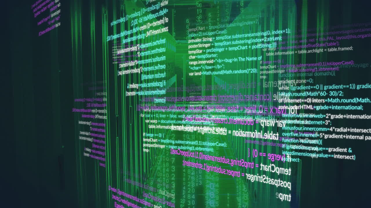 Animation of digital code streams creating futuristic school virtual environment