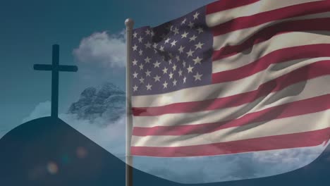 animation of christian cross and flag of usa
