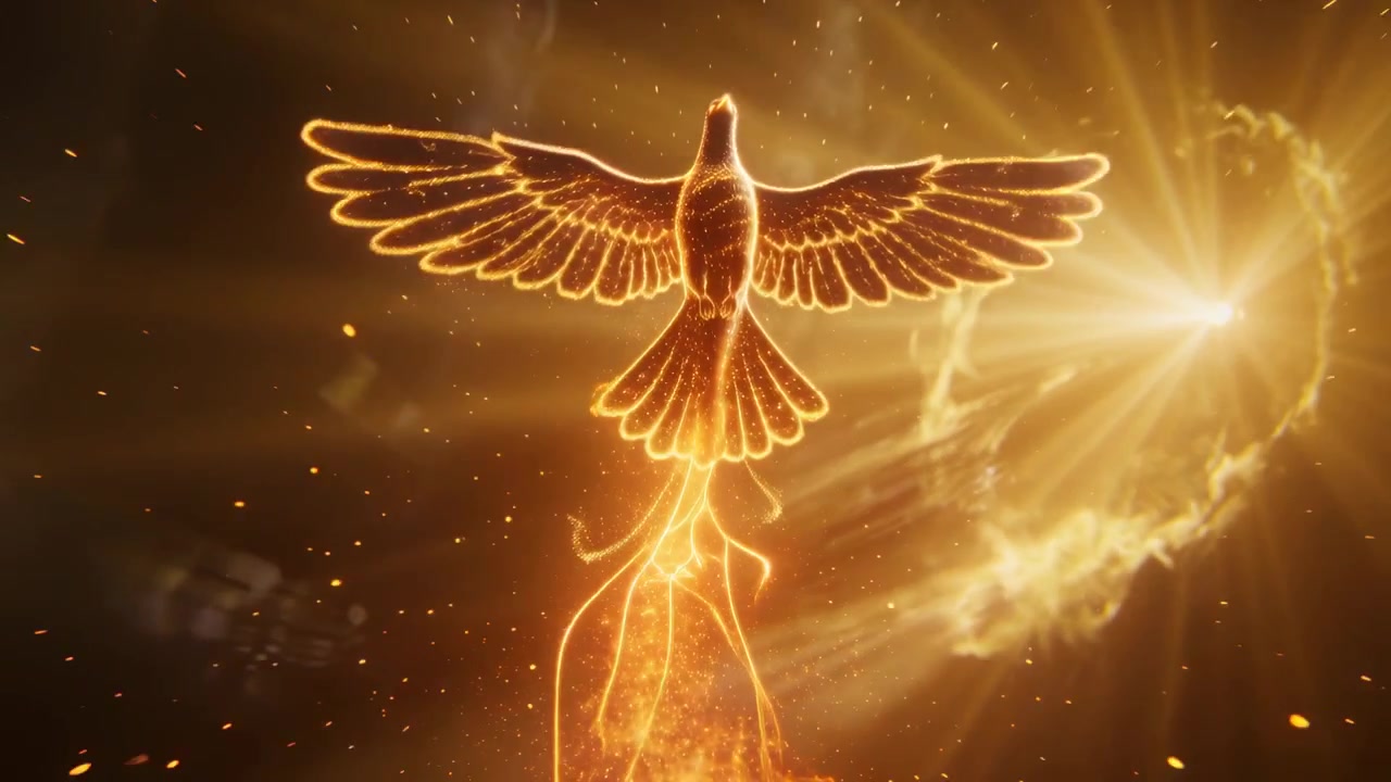 Colonna di fiamme che accende un uccello simile a una fenice che si alza e dispiega le ali nel vuoto astrale, lasciando una scia di nastri.