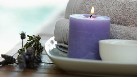 tratamiento de belleza en cuenco presentado en plato con lavanda seca
