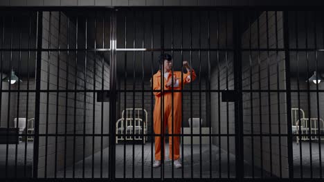 full body of asian male prisoner standing in prison, showing the handcuffs and pointing to them