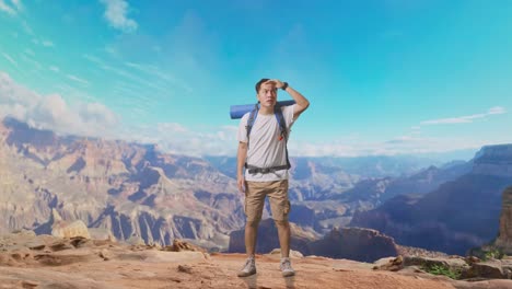 full body of asian male hiker with mountaineering backpack hand forehead smiling and looking distance while traveling at the top of mountain